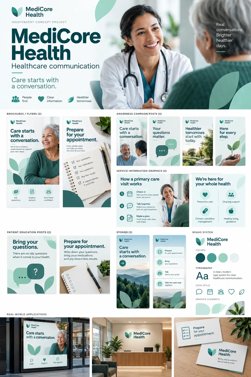 Full MediCore Health concept case study showing brand identity, campaign examples and applications