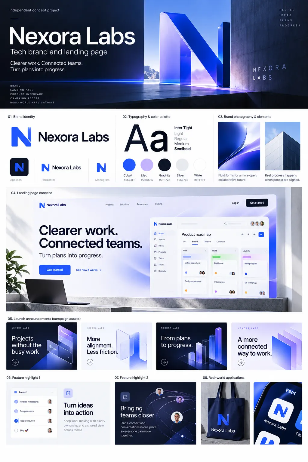 Full Nexora Labs concept case study showing brand identity, campaign examples and applications