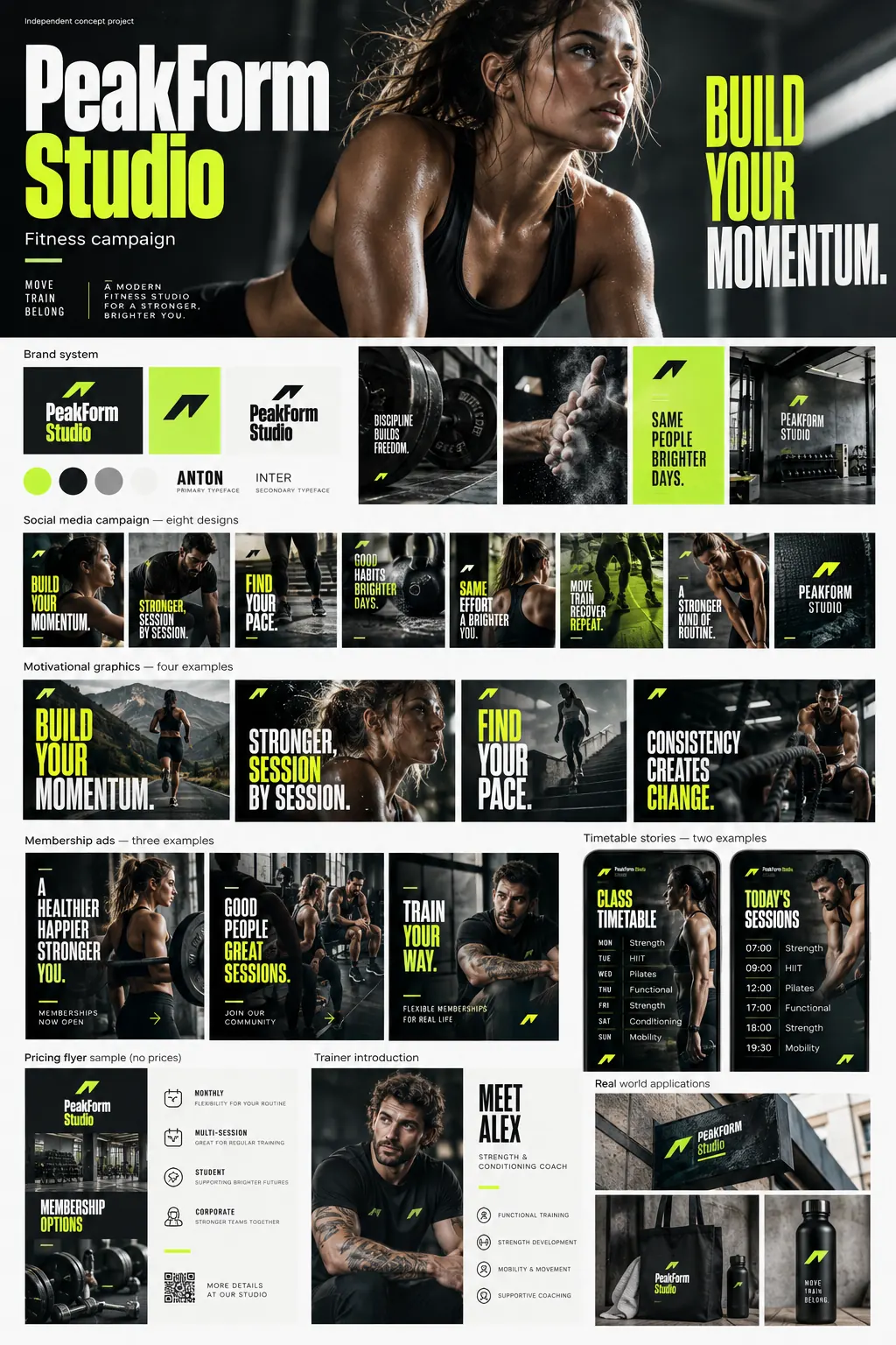 Full PeakForm Studio concept case study showing brand identity, campaign examples and applications