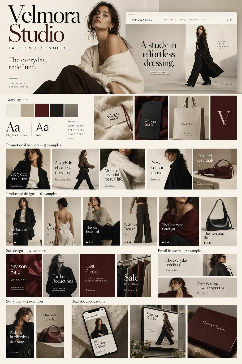 Full Velmora Studio concept case study showing brand identity, campaign examples and applications